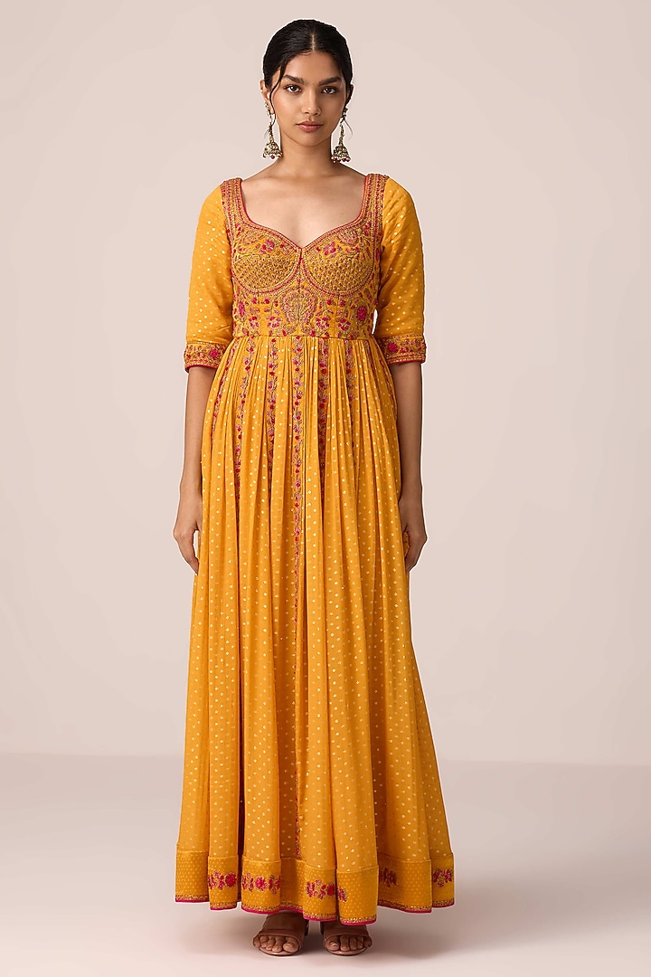Mustard Yellow Chinon Brocade Thread Embroidered Wedding Anarkali Set by Shyam Narayan Prasad at Pernia's Pop Up Shop