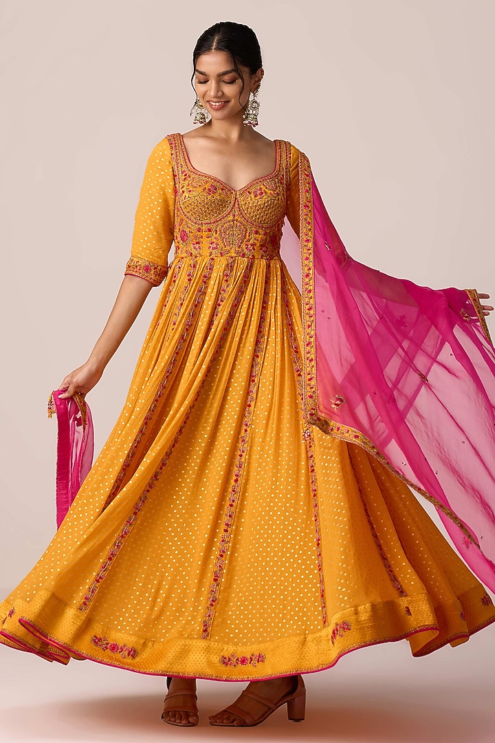 Mustard Yellow Chinon Brocade Thread Embroidered Wedding Anarkali Set by Shyam Narayan Prasad at Pernia's Pop Up Shop