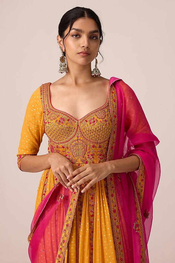 Mustard Yellow Chinon Brocade Thread Embroidered Wedding Anarkali Set by Shyam Narayan Prasad at Pernia's Pop Up Shop