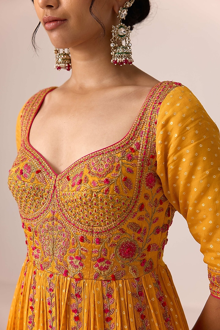 Mustard Yellow Chinon Brocade Thread Embroidered Wedding Anarkali Set by Shyam Narayan Prasad at Pernia's Pop Up Shop
