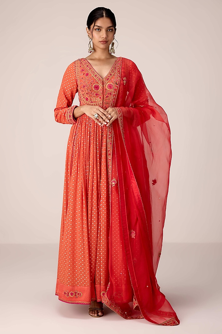 Rust Orange Chinon Brocade Thread Embroidered Wedding Anarkali Set by Shyam Narayan Prasad at Pernia's Pop Up Shop