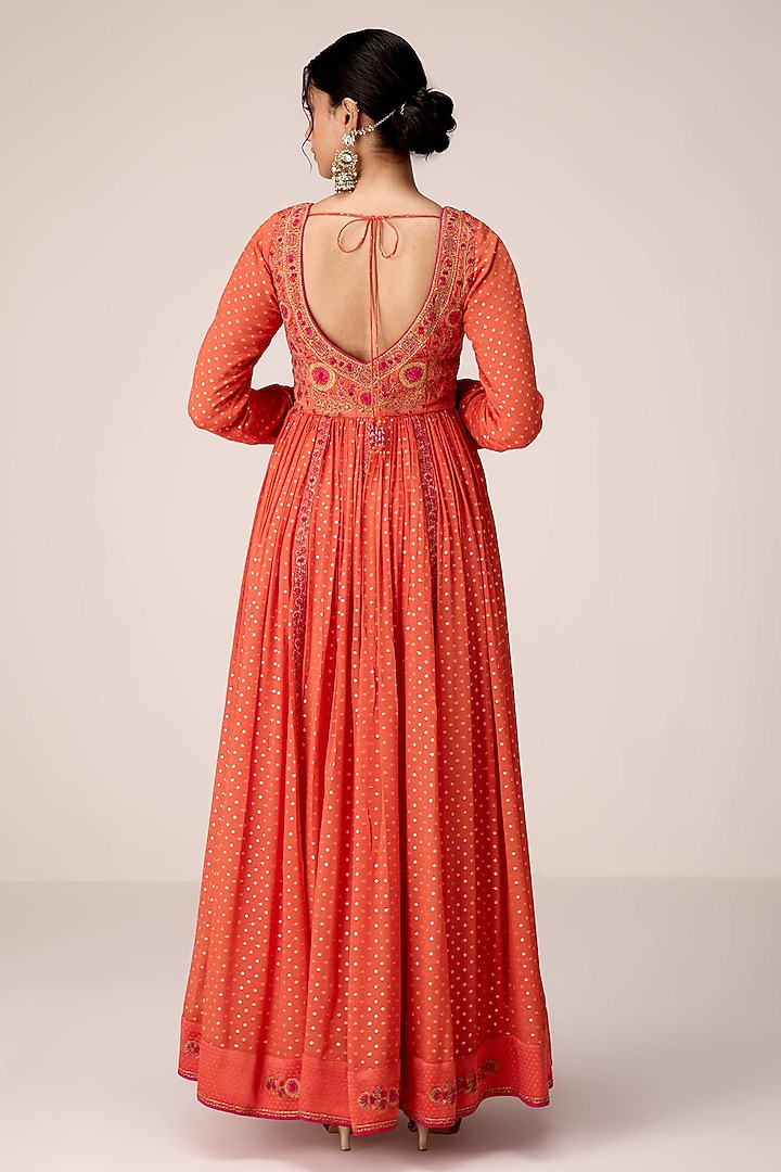 Rust Orange Chinon Brocade Thread Embroidered Wedding Anarkali Set by Shyam Narayan Prasad at Pernia's Pop Up Shop