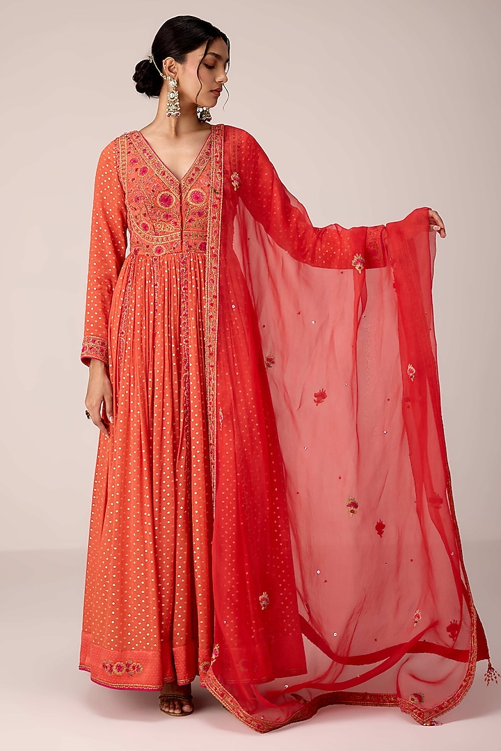 Rust Orange Chinon Brocade Thread Embroidered Wedding Anarkali Set by Shyam Narayan Prasad at Pernia's Pop Up Shop
