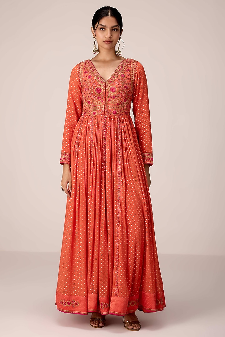 Rust Orange Chinon Brocade Thread Embroidered Wedding Anarkali Set by Shyam Narayan Prasad at Pernia's Pop Up Shop