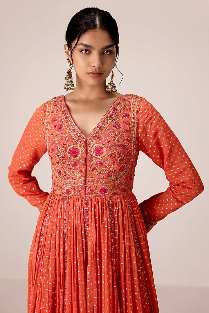 Rust Orange Chinon Brocade Thread Embroidered Wedding Anarkali Set by Shyam Narayan Prasad at Pernia's Pop Up Shop
