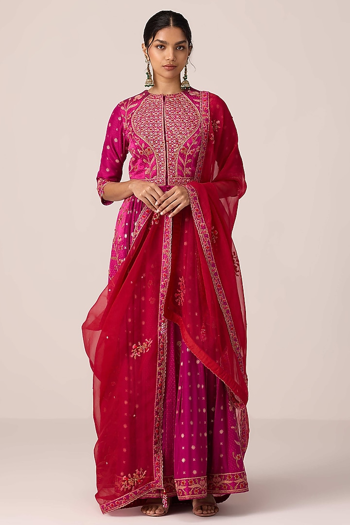 Grape Wine Pink Chinon Brocade Thread Embroidered Wedding Anarkali Set by Shyam Narayan Prasad at Pernia's Pop Up Shop