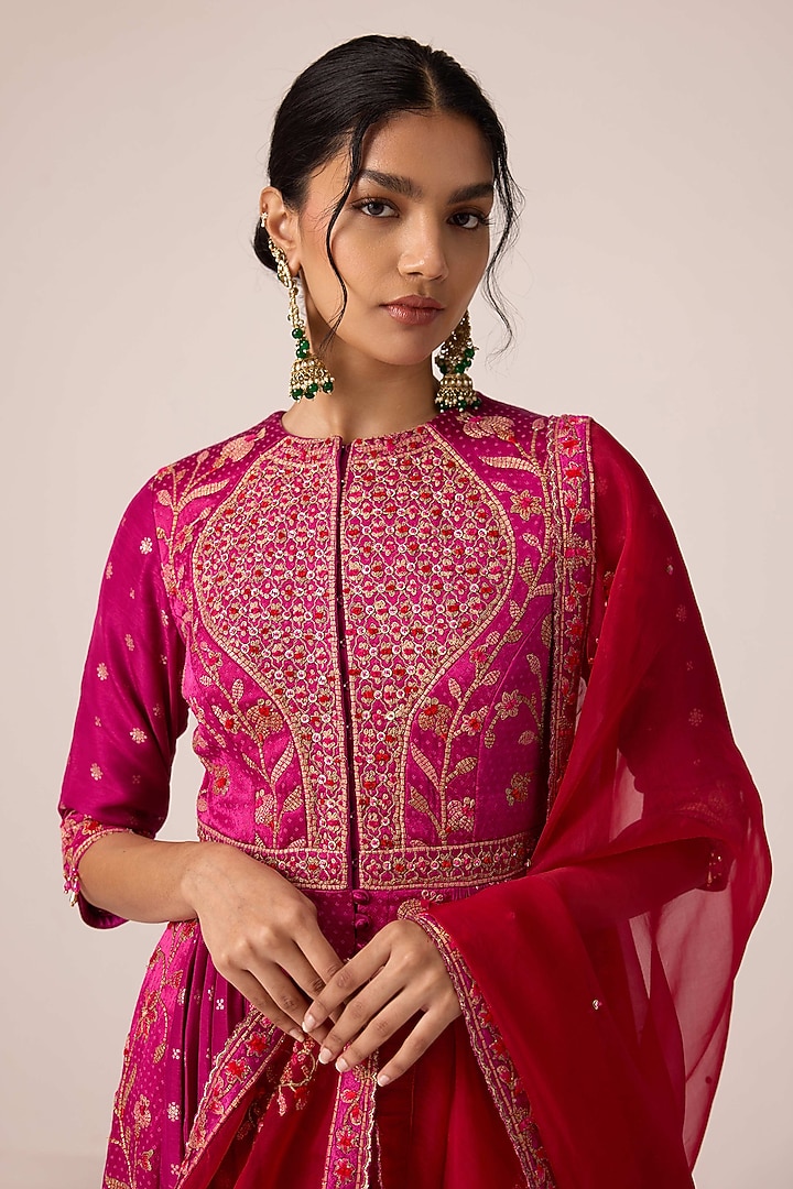 Grape Wine Pink Chinon Brocade Thread Embroidered Wedding Anarkali Set by Shyam Narayan Prasad at Pernia's Pop Up Shop