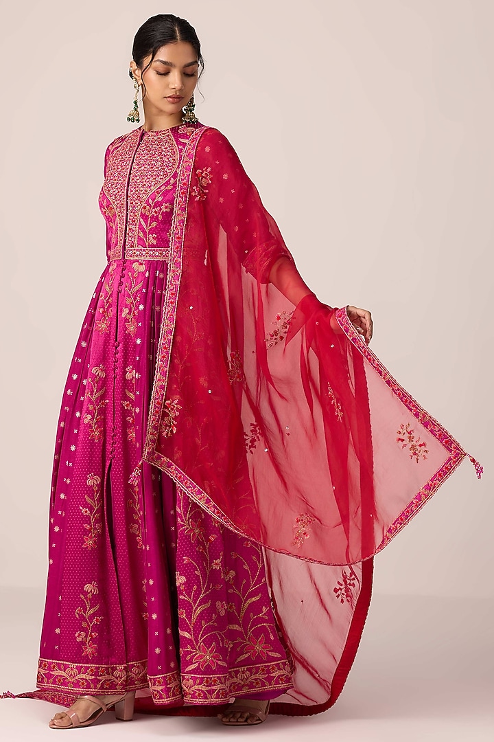 Grape Wine Pink Chinon Brocade Thread Embroidered Wedding Anarkali Set by Shyam Narayan Prasad at Pernia's Pop Up Shop