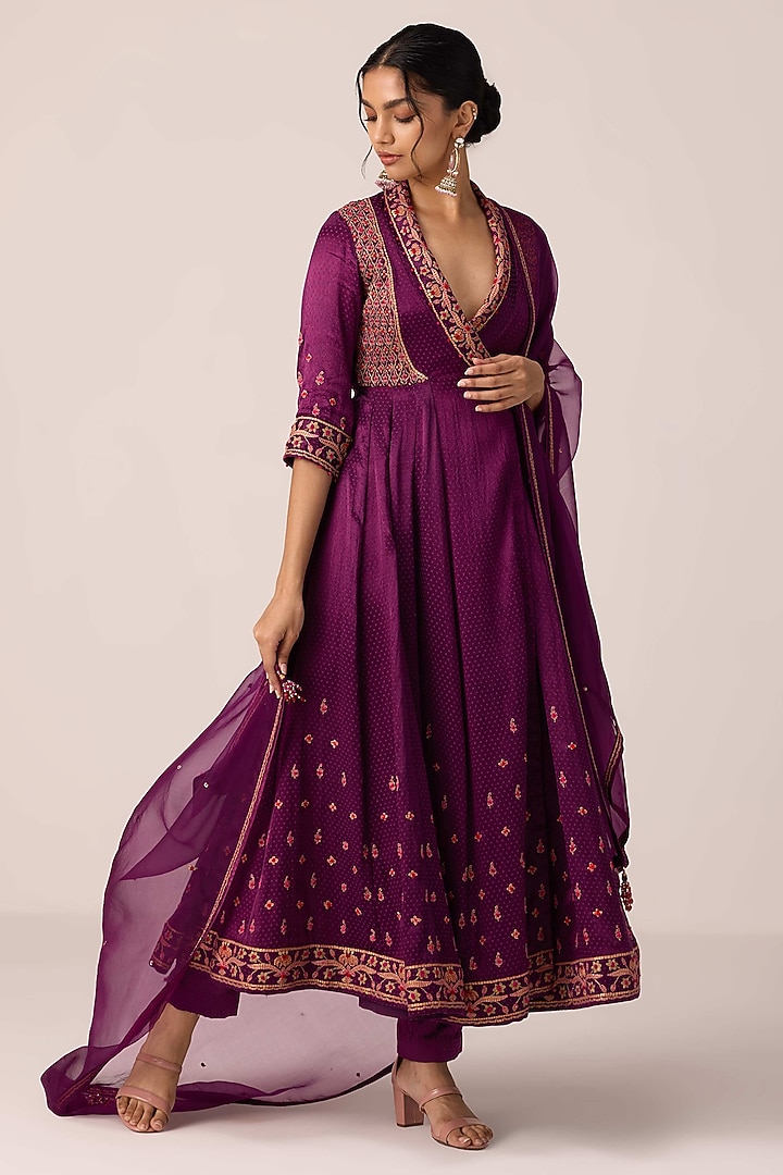 Purple Wine Chinon Brocade Thread Embroidered Angrakha Wedding Anarkali Set by Shyam Narayan Prasad at Pernia's Pop Up Shop