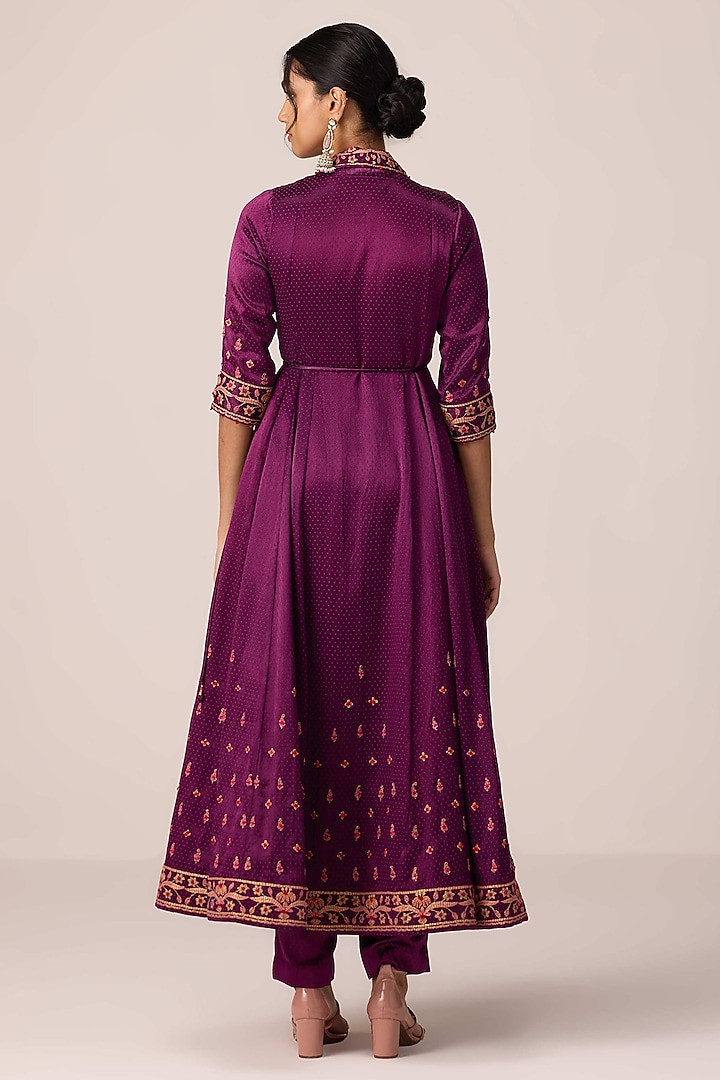 Purple Wine Chinon Brocade Thread Embroidered Angrakha Wedding Anarkali Set by Shyam Narayan Prasad at Pernia's Pop Up Shop