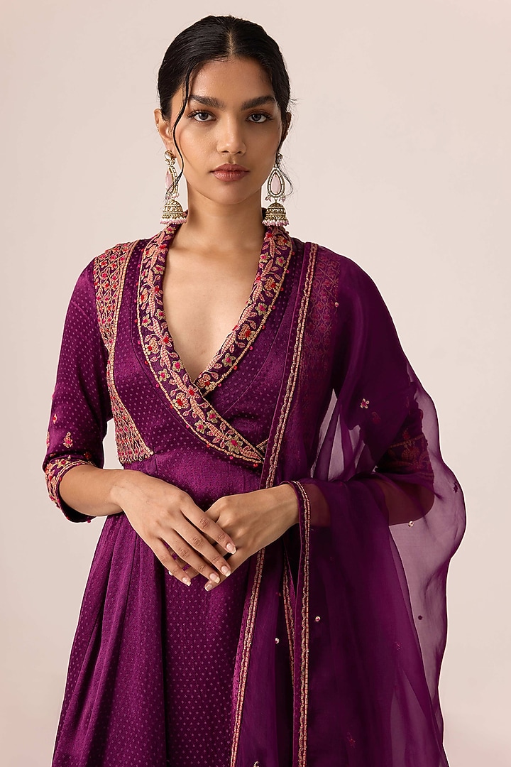 Purple Wine Chinon Brocade Thread Embroidered Angrakha Wedding Anarkali Set by Shyam Narayan Prasad at Pernia's Pop Up Shop