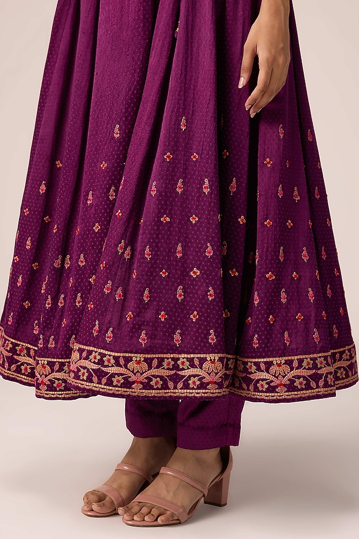 Purple Wine Chinon Brocade Thread Embroidered Angrakha Wedding Anarkali Set by Shyam Narayan Prasad at Pernia's Pop Up Shop