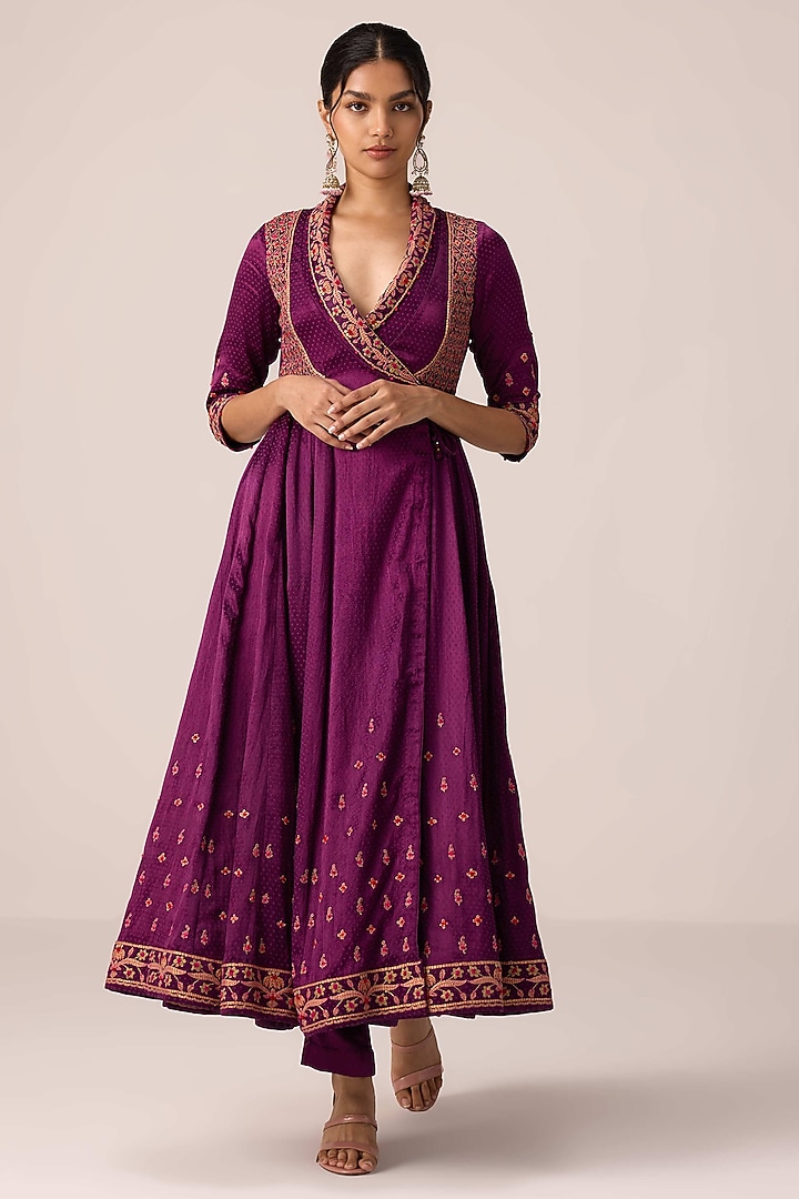 Purple Wine Chinon Brocade Thread Embroidered Angrakha Wedding Anarkali Set by Shyam Narayan Prasad at Pernia's Pop Up Shop