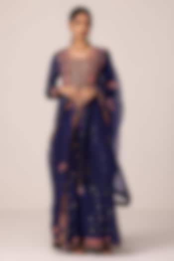 Navy Blue Chinon Brocade Thread Embroidered Wedding Anarkali Set by Shyam Narayan Prasad at Pernia's Pop Up Shop