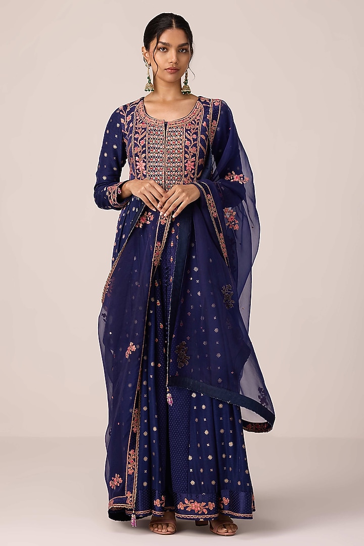 Navy Blue Chinon Brocade Thread Embroidered Wedding Anarkali Set by Shyam Narayan Prasad at Pernia's Pop Up Shop