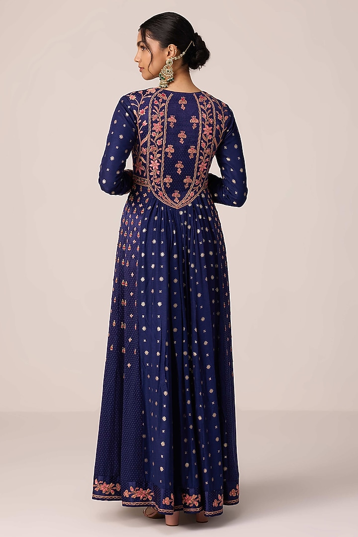 Navy Blue Chinon Brocade Thread Embroidered Wedding Anarkali Set by Shyam Narayan Prasad at Pernia's Pop Up Shop