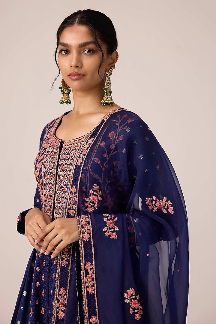 Navy Blue Chinon Brocade Thread Embroidered Wedding Anarkali Set by Shyam Narayan Prasad at Pernia's Pop Up Shop