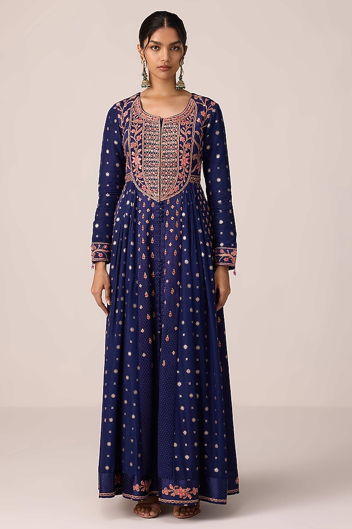 Navy Blue Chinon Brocade Thread Embroidered Wedding Anarkali Set by Shyam Narayan Prasad at Pernia's Pop Up Shop