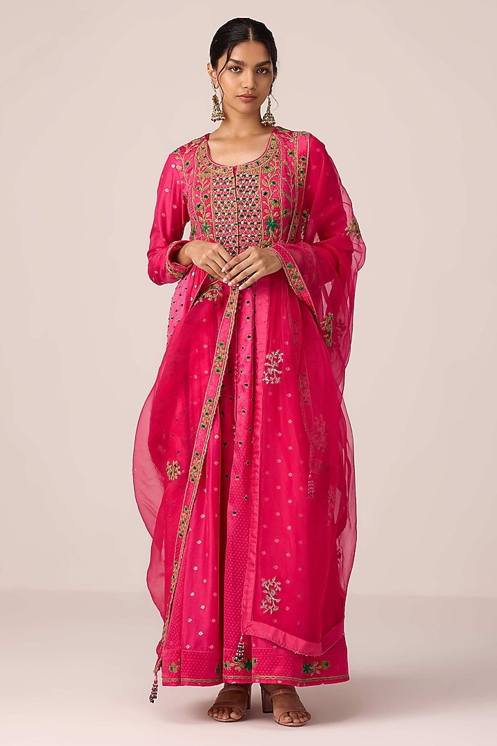 Pink Chinon Brocade Thread Embroidered Wedding Anarkali Set by Shyam Narayan Prasad at Pernia's Pop Up Shop