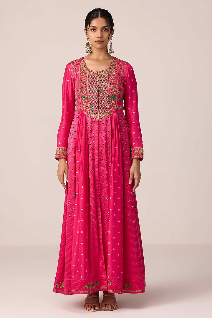 Pink Chinon Brocade Thread Embroidered Wedding Anarkali Set by Shyam Narayan Prasad at Pernia's Pop Up Shop