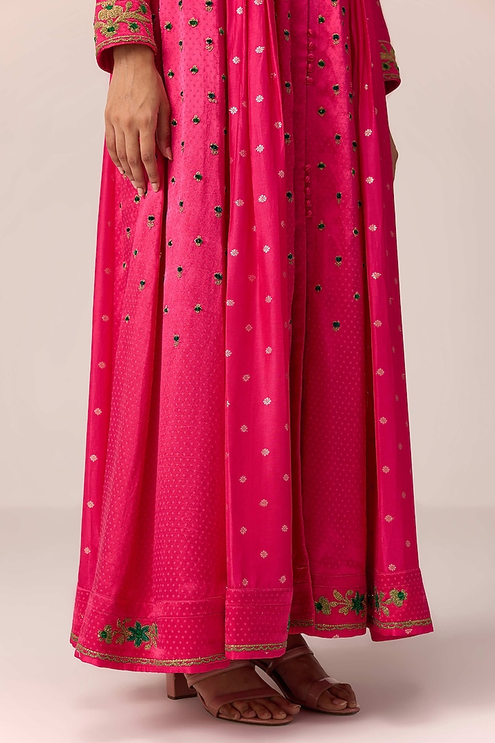 Pink Chinon Brocade Thread Embroidered Wedding Anarkali Set by Shyam Narayan Prasad at Pernia's Pop Up Shop