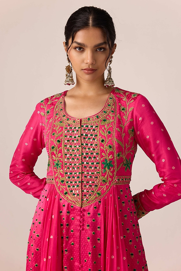 Pink Chinon Brocade Thread Embroidered Wedding Anarkali Set by Shyam Narayan Prasad at Pernia's Pop Up Shop