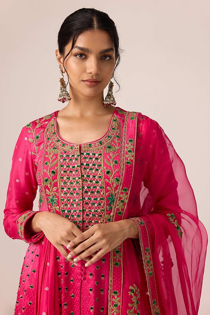 Pink Chinon Brocade Thread Embroidered Wedding Anarkali Set by Shyam Narayan Prasad at Pernia's Pop Up Shop