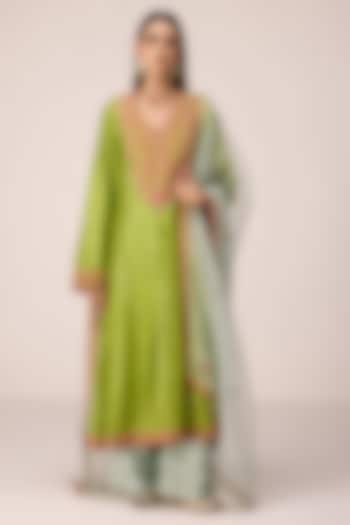 Green Silk Brocade Thread Embroidered Flared Kurta Set by Shyam Narayan Prasad at Pernia's Pop Up Shop