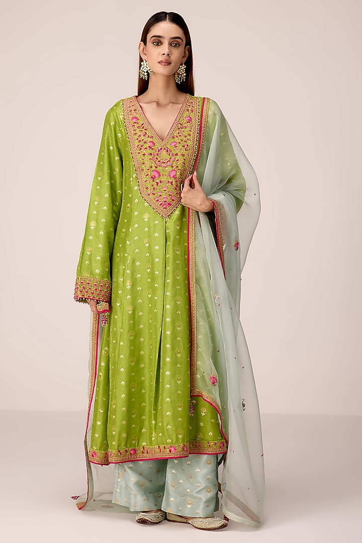 Green Silk Brocade Thread Embroidered Flared Kurta Set by Shyam Narayan Prasad at Pernia's Pop Up Shop