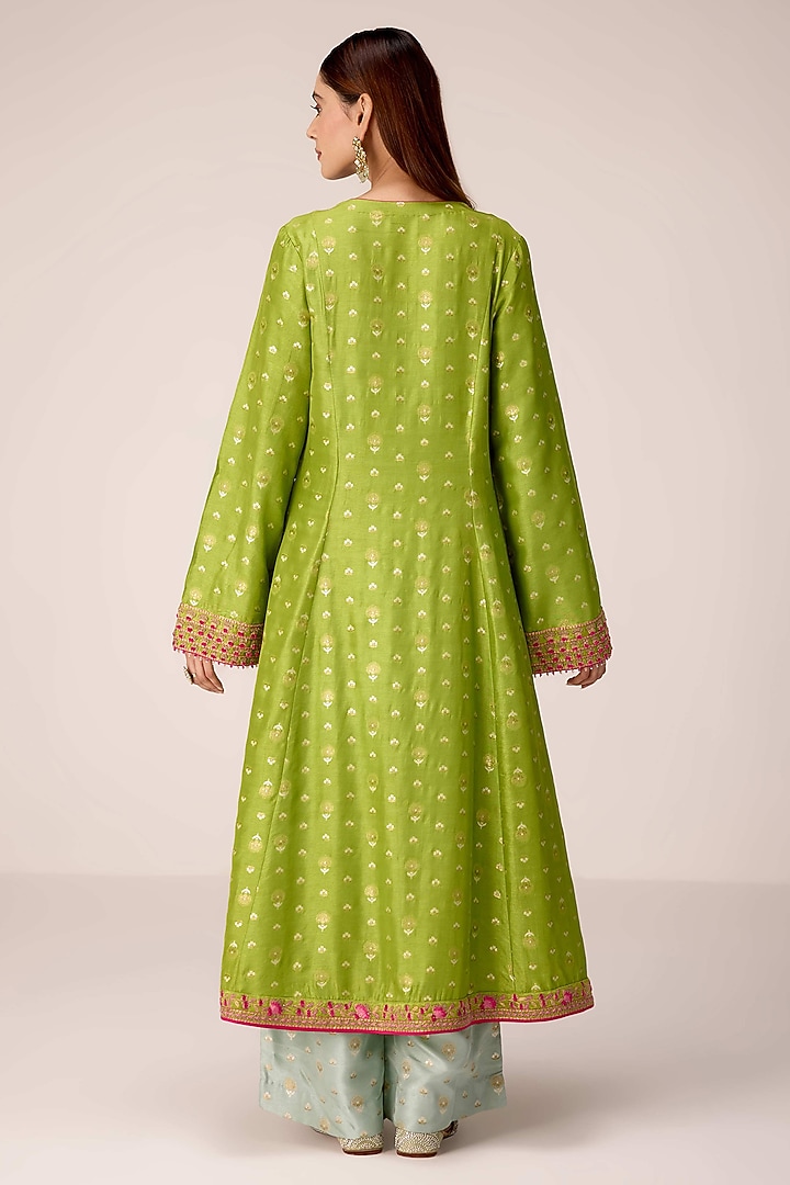 Green Silk Brocade Thread Embroidered Flared Kurta Set by Shyam Narayan Prasad at Pernia's Pop Up Shop