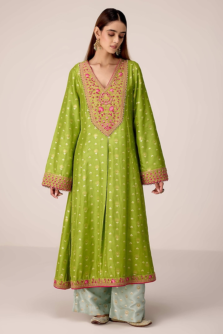 Green Silk Brocade Thread Embroidered Flared Kurta Set by Shyam Narayan Prasad at Pernia's Pop Up Shop