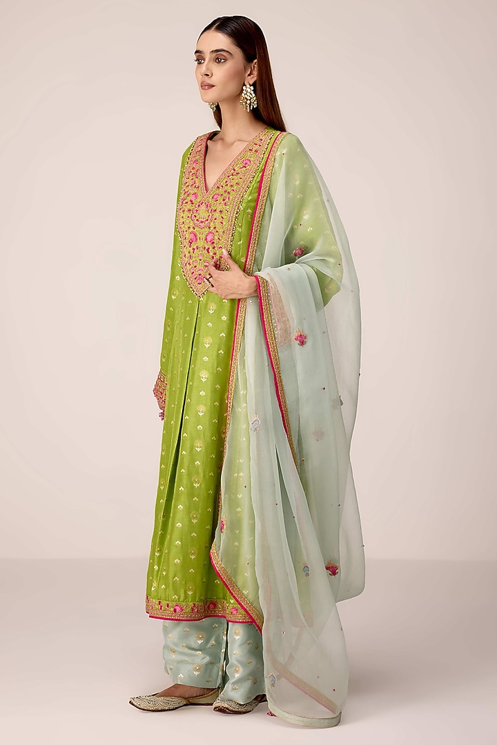 Green Silk Brocade Thread Embroidered Flared Kurta Set by Shyam Narayan Prasad at Pernia's Pop Up Shop