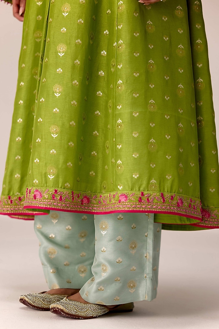 Green Silk Brocade Thread Embroidered Flared Kurta Set by Shyam Narayan Prasad at Pernia's Pop Up Shop