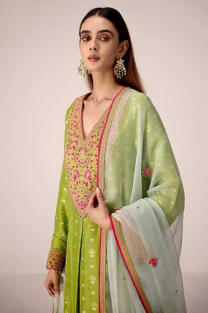 Green Silk Brocade Thread Embroidered Flared Kurta Set by Shyam Narayan Prasad at Pernia's Pop Up Shop