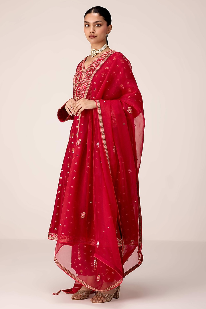 Maroon Silk Brocade Thread Embroidered Flared Kurta Set by Shyam Narayan Prasad at Pernia's Pop Up Shop