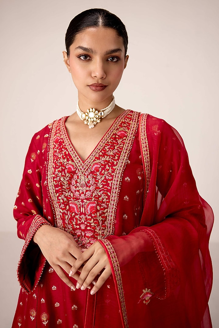 Maroon Silk Brocade Thread Embroidered Flared Kurta Set by Shyam Narayan Prasad at Pernia's Pop Up Shop