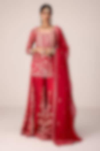 Red Chinon Brocade Gota Embroidered Wedding Sharara Set by Shyam Narayan Prasad at Pernia's Pop Up Shop