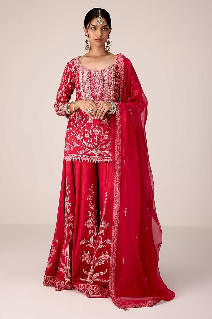 Red Chinon Brocade Gota Embroidered Wedding Sharara Set by Shyam Narayan Prasad at Pernia's Pop Up Shop