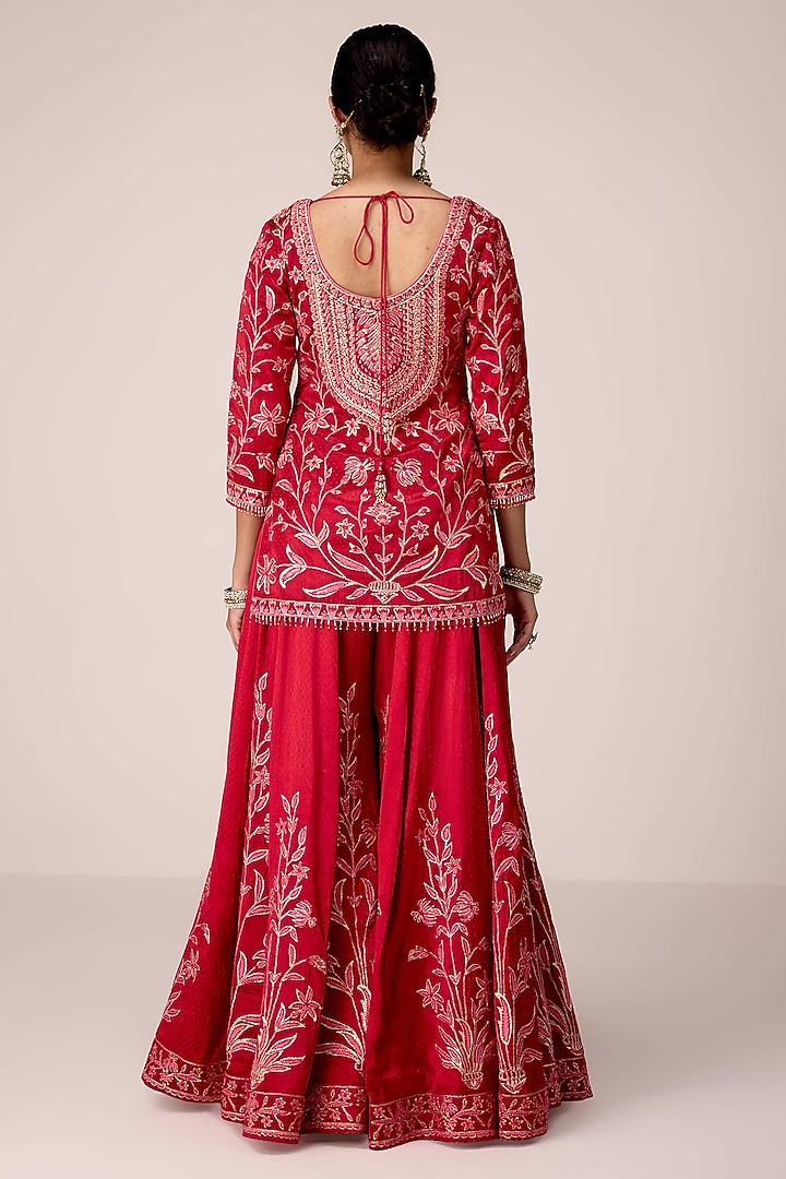 Red Chinon Brocade Gota Embroidered Wedding Sharara Set by Shyam Narayan Prasad at Pernia's Pop Up Shop