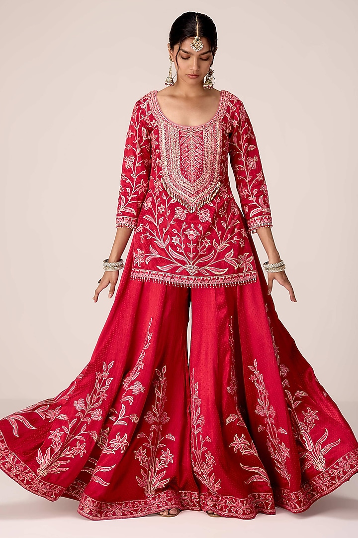 Red Chinon Brocade Gota Embroidered Wedding Sharara Set by Shyam Narayan Prasad at Pernia's Pop Up Shop