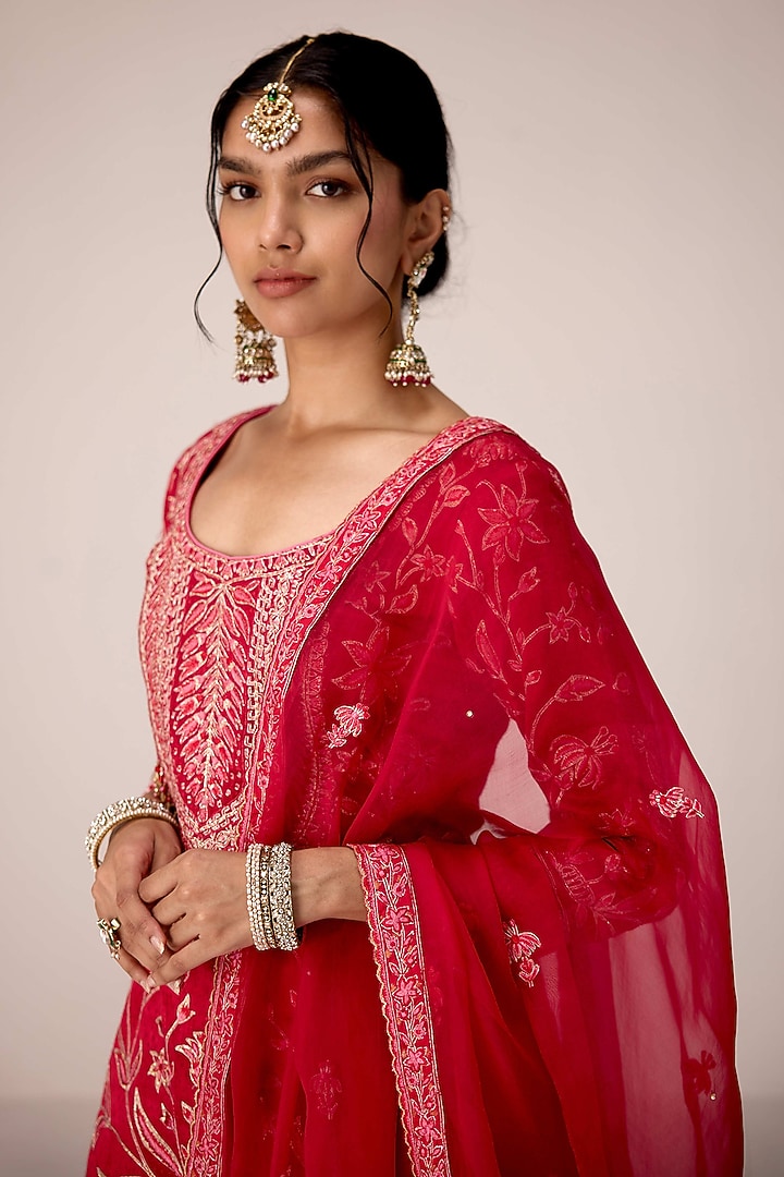 Red Chinon Brocade Gota Embroidered Wedding Sharara Set by Shyam Narayan Prasad at Pernia's Pop Up Shop