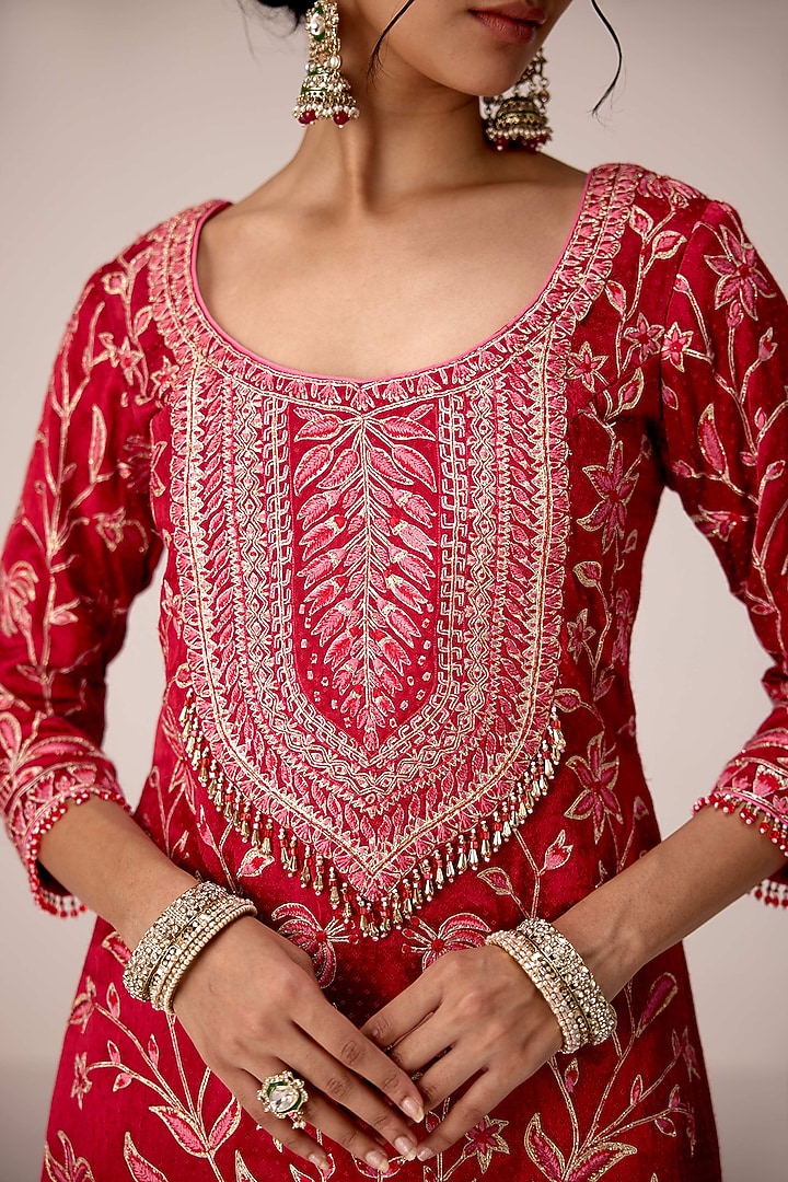 Red Chinon Brocade Gota Embroidered Wedding Sharara Set by Shyam Narayan Prasad at Pernia's Pop Up Shop