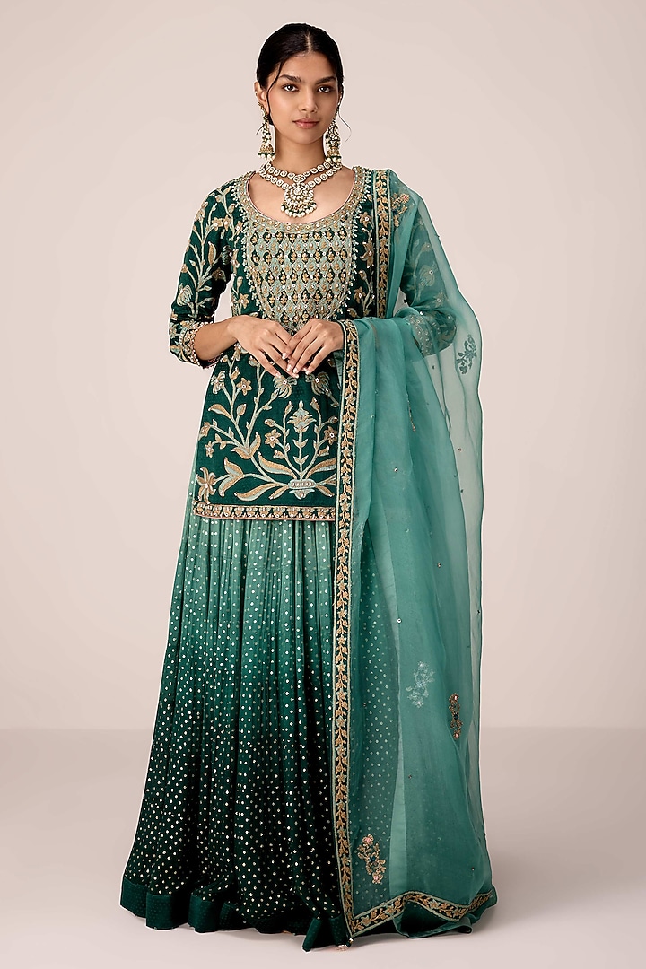 Dark Green Chinon Brocade Gota Embroidered Skirt Set by Shyam Narayan Prasad at Pernia's Pop Up Shop