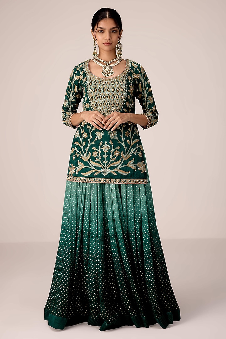 Dark Green Chinon Brocade Gota Embroidered Skirt Set by Shyam Narayan Prasad at Pernia's Pop Up Shop