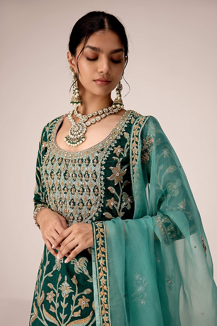 Dark Green Chinon Brocade Gota Embroidered Skirt Set by Shyam Narayan Prasad at Pernia's Pop Up Shop