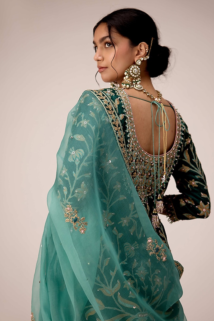 Dark Green Chinon Brocade Gota Embroidered Skirt Set by Shyam Narayan Prasad at Pernia's Pop Up Shop