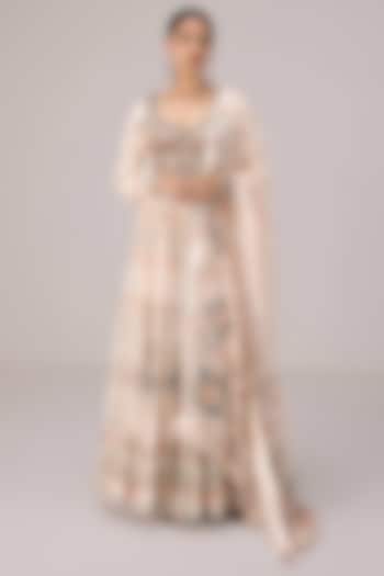 Ivory Silk Brocade Block Printed Wedding Anarkali Set by Shyam Narayan Prasad at Pernia's Pop Up Shop