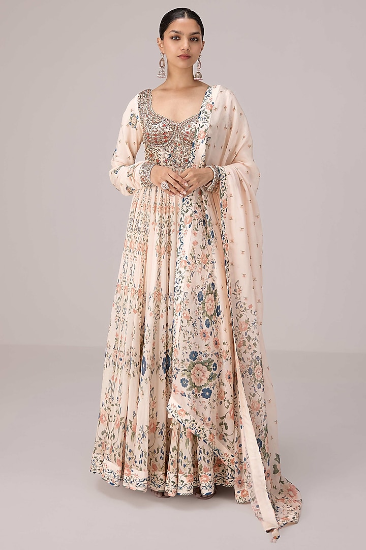 Ivory Silk Brocade Block Printed Wedding Anarkali Set by Shyam Narayan Prasad at Pernia's Pop Up Shop