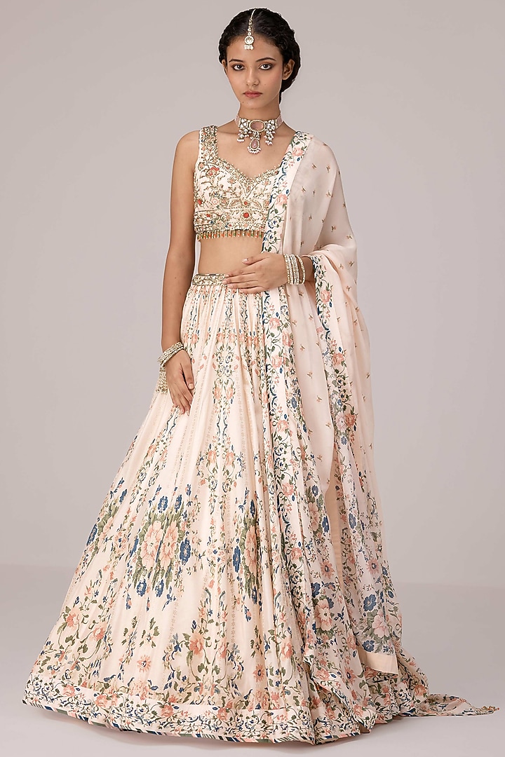 Ivory Silk Brocade Printed & Embroidered Wedding Lehenga Set by Shyam Narayan Prasad at Pernia's Pop Up Shop