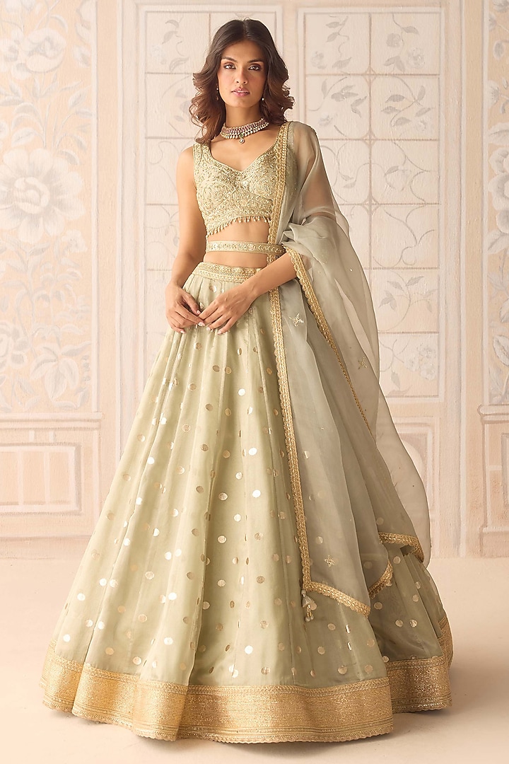 Smoke Grey Tissue Organza Brocade Zardosi Embroidered Wedding Lehenga Set by Shyam Narayan Prasad at Pernia's Pop Up Shop